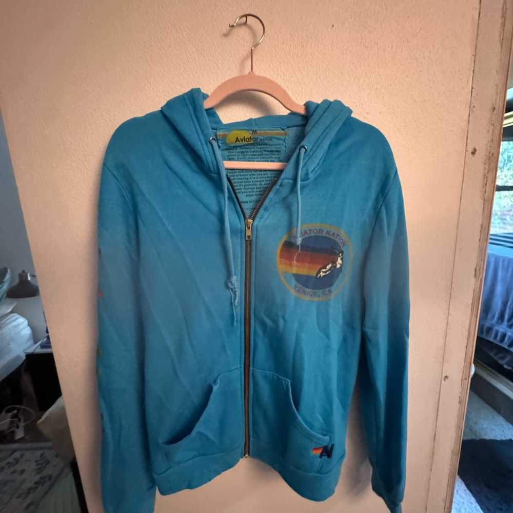 Aviator Nation Turquoise Zip Hoodie with Rainbow Label